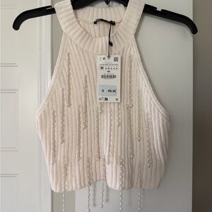 Zara Cream Beaded Ribbed Halter Crop Top